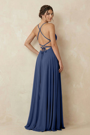 A - Line Chiffon Bridesmaid Dress With Slit in Navy - KissProm Bridesmaid Dresses