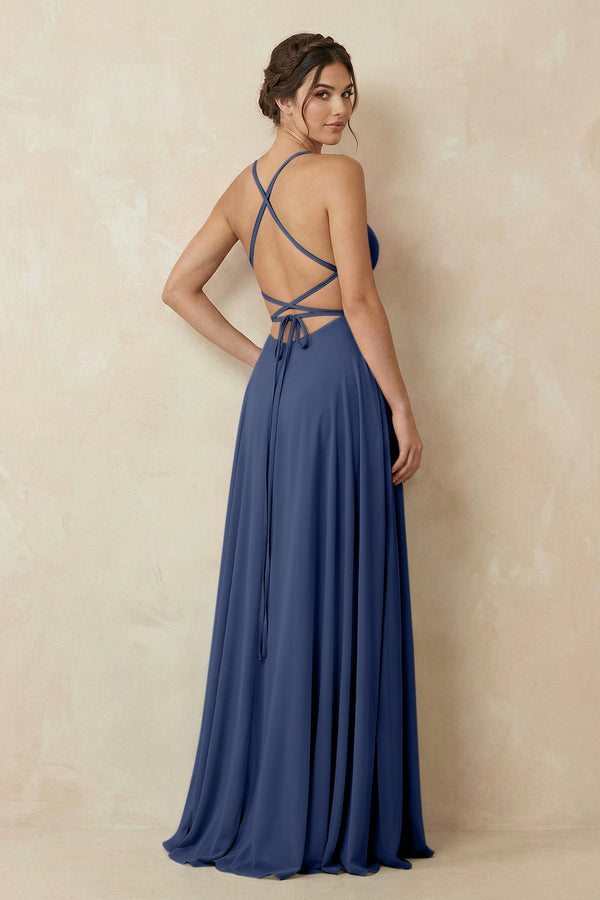 A - Line Chiffon Bridesmaid Dress With Slit in Navy - KissProm Bridesmaid Dresses
