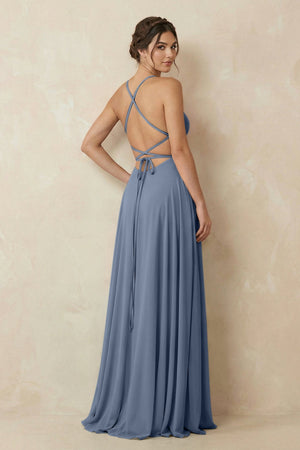 A - Line Chiffon Bridesmaid Dress With Slit in Neptune - KissProm Bridesmaid Dresses
