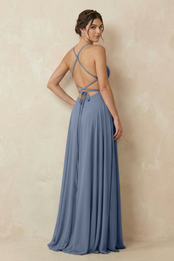 A - Line Chiffon Bridesmaid Dress With Slit in Neptune - KissProm Bridesmaid Dresses