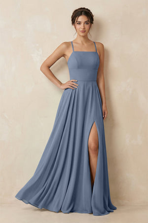 A - Line Chiffon Bridesmaid Dress With Slit in Neptune - KissProm Bridesmaid Dresses