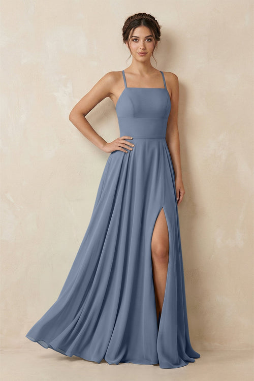 A - Line Chiffon Bridesmaid Dress With Slit in Neptune - KissProm Bridesmaid Dresses