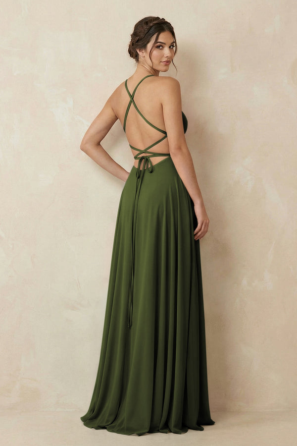 A - Line Chiffon Bridesmaid Dress With Slit in Olive - KissProm Bridesmaid Dresses