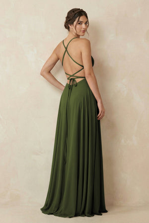 A - Line Chiffon Bridesmaid Dress With Slit in Olive - KissProm Bridesmaid Dresses