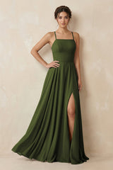 A - Line Chiffon Bridesmaid Dress With Slit in Olive - KissProm Bridesmaid Dresses