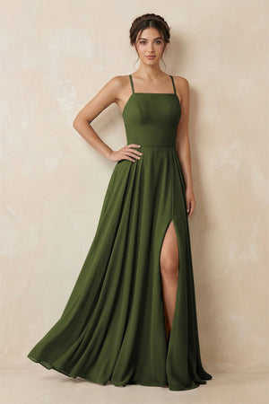 A - Line Chiffon Bridesmaid Dress With Slit in Olive - KissProm Bridesmaid Dresses