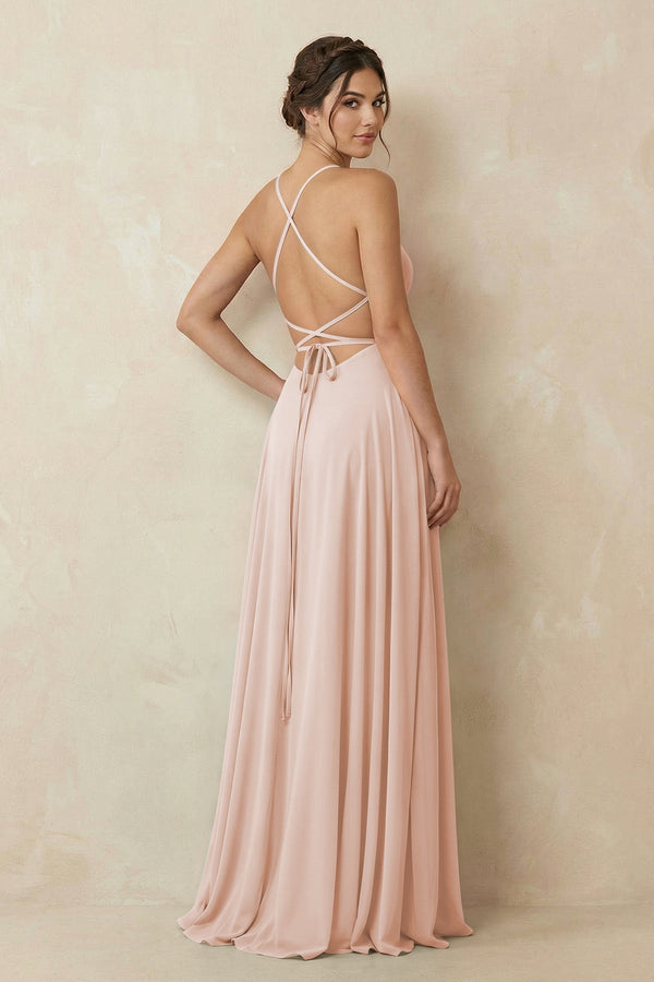A - Line Chiffon Bridesmaid Dress With Slit in Pale Blush - KissProm Bridesmaid Dresses