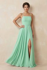 A - Line Chiffon Bridesmaid Dress With Slit in Pale Pistachio - KissProm Bridesmaid Dresses