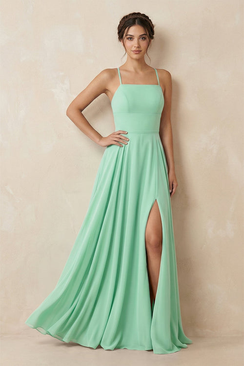 A - Line Chiffon Bridesmaid Dress With Slit in Pale Pistachio - KissProm Bridesmaid Dresses