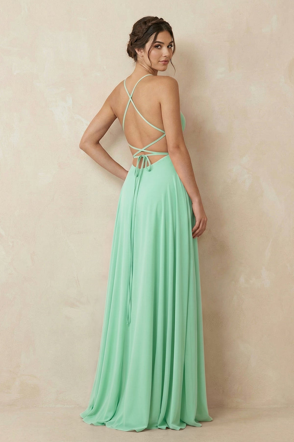A - Line Chiffon Bridesmaid Dress With Slit in Pale Pistachio - KissProm Bridesmaid Dresses