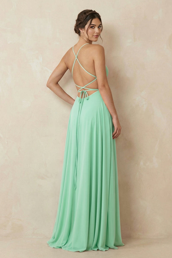 A - Line Chiffon Bridesmaid Dress With Slit in Pale Pistachio - KissProm Bridesmaid Dresses