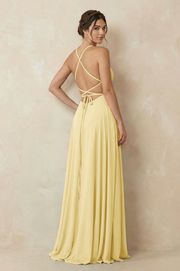 A - Line Chiffon Bridesmaid Dress With Slit in Pastel Yellow - KissProm Bridesmaid Dresses