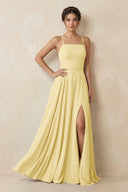 A - Line Chiffon Bridesmaid Dress With Slit in Pastel Yellow - KissProm Bridesmaid Dresses