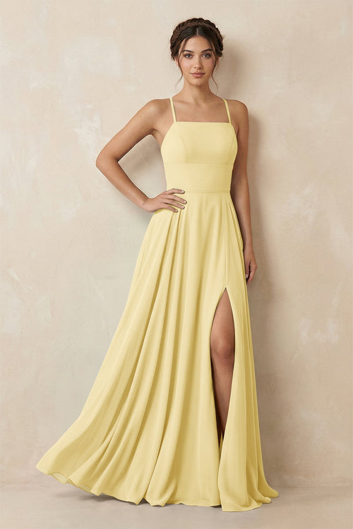 A - Line Chiffon Bridesmaid Dress With Slit in Pastel Yellow - KissProm Bridesmaid Dresses
