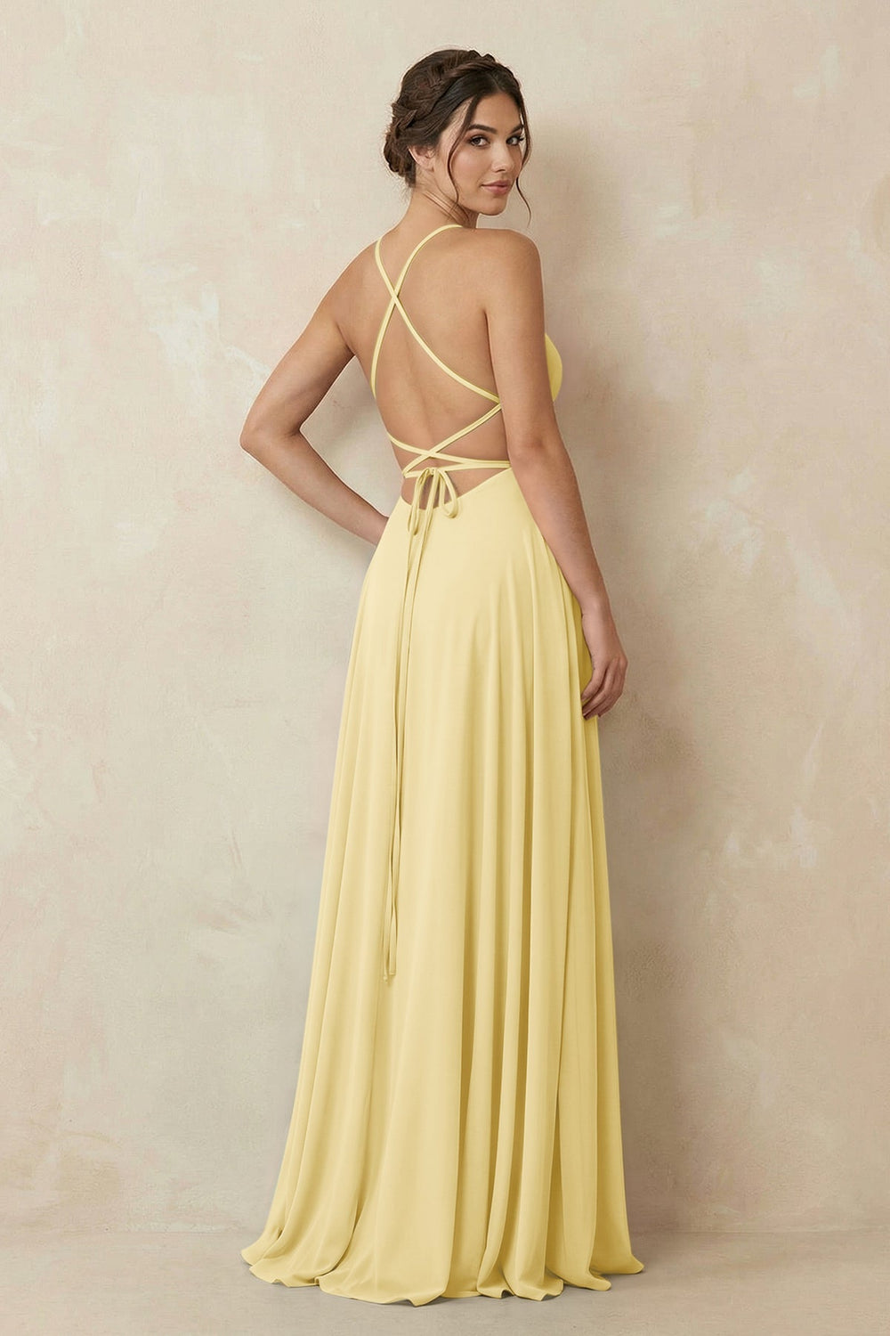 A - Line Chiffon Bridesmaid Dress With Slit in Pastel Yellow - KissProm Bridesmaid Dresses