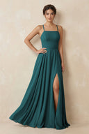 A - Line Chiffon Bridesmaid Dress With Slit in Pine - KissProm Bridesmaid Dresses