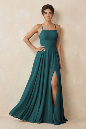 A - Line Chiffon Bridesmaid Dress With Slit in Pine - KissProm Bridesmaid Dresses