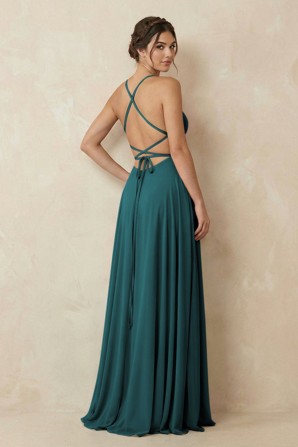 A - Line Chiffon Bridesmaid Dress With Slit in Pine - KissProm Bridesmaid Dresses