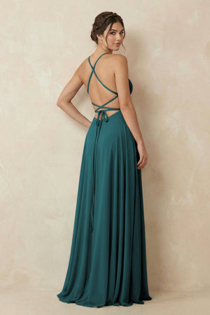 A - Line Chiffon Bridesmaid Dress With Slit in Pine - KissProm Bridesmaid Dresses