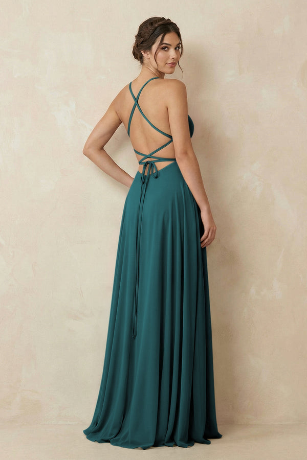 A - Line Chiffon Bridesmaid Dress With Slit in Pine - KissProm Bridesmaid Dresses