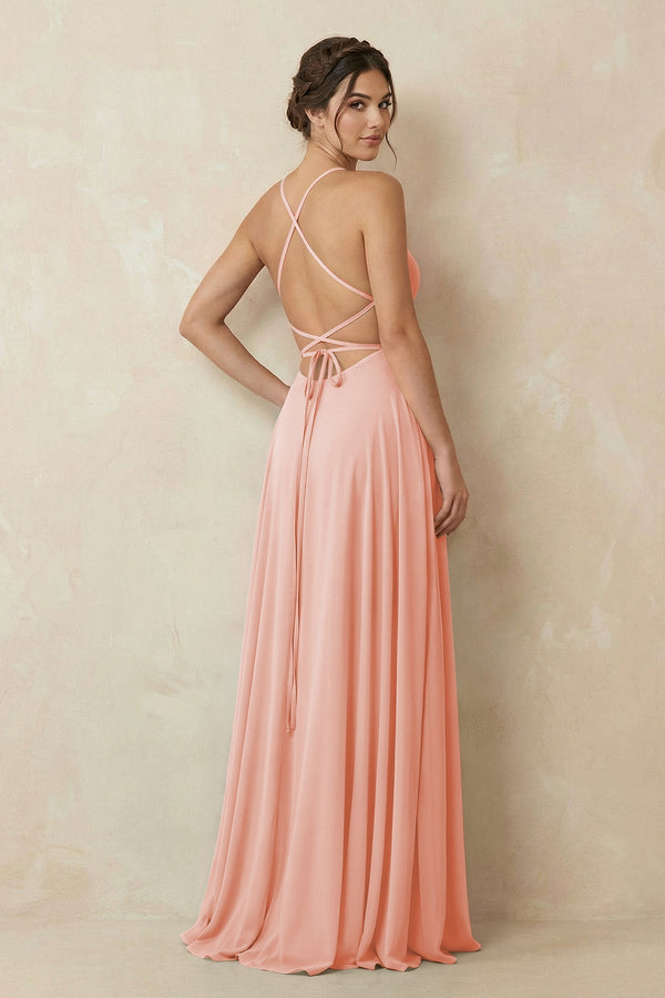 A - Line Chiffon Bridesmaid Dress With Slit in Rose Petal - KissProm Bridesmaid Dresses