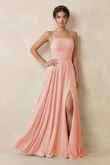 A - Line Chiffon Bridesmaid Dress With Slit in Rose Petal - KissProm Bridesmaid Dresses