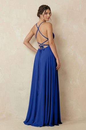 A - Line Chiffon Bridesmaid Dress With Slit in Royal Blue - KissProm Bridesmaid Dresses
