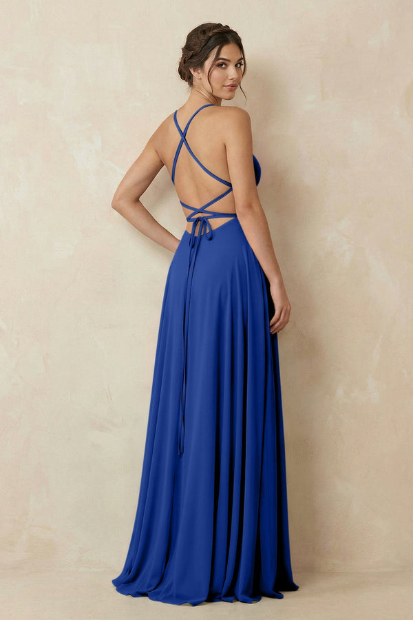 A - Line Chiffon Bridesmaid Dress With Slit in Royal Blue - KissProm Bridesmaid Dresses