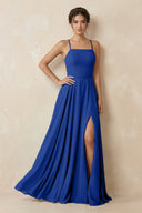 A - Line Chiffon Bridesmaid Dress With Slit in Royal Blue - KissProm Bridesmaid Dresses