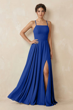 A - Line Chiffon Bridesmaid Dress With Slit in Royal Blue - KissProm Bridesmaid Dresses