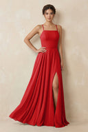 A - Line Chiffon Bridesmaid Dress With Slit in Ruby Red - KissProm Bridesmaid Dresses