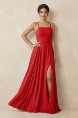 A - Line Chiffon Bridesmaid Dress With Slit in Ruby Red - KissProm Bridesmaid Dresses