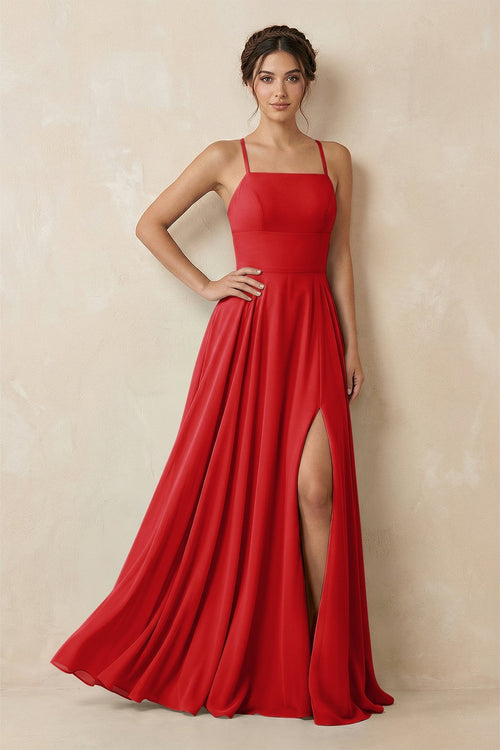 A - Line Chiffon Bridesmaid Dress With Slit in Ruby Red - KissProm Bridesmaid Dresses