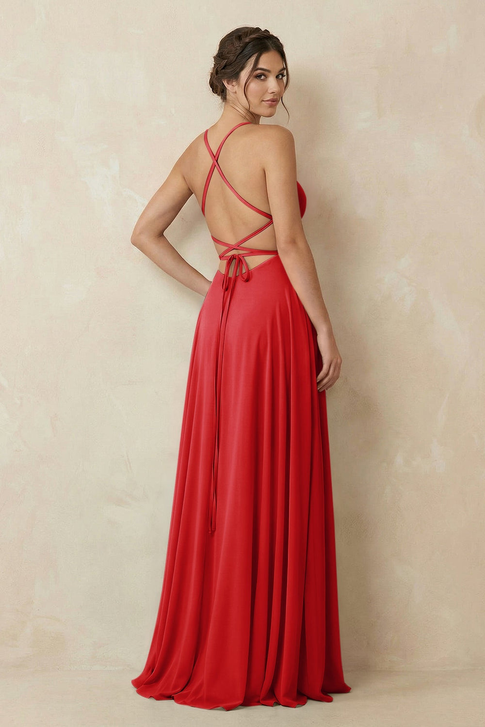 A - Line Chiffon Bridesmaid Dress With Slit in Ruby Red - KissProm Bridesmaid Dresses