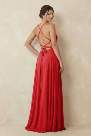 A - Line Chiffon Bridesmaid Dress With Slit in Ruby Red - KissProm Bridesmaid Dresses