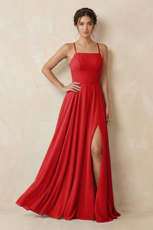 A - Line Chiffon Bridesmaid Dress With Slit in Ruby Red - KissProm Bridesmaid Dresses