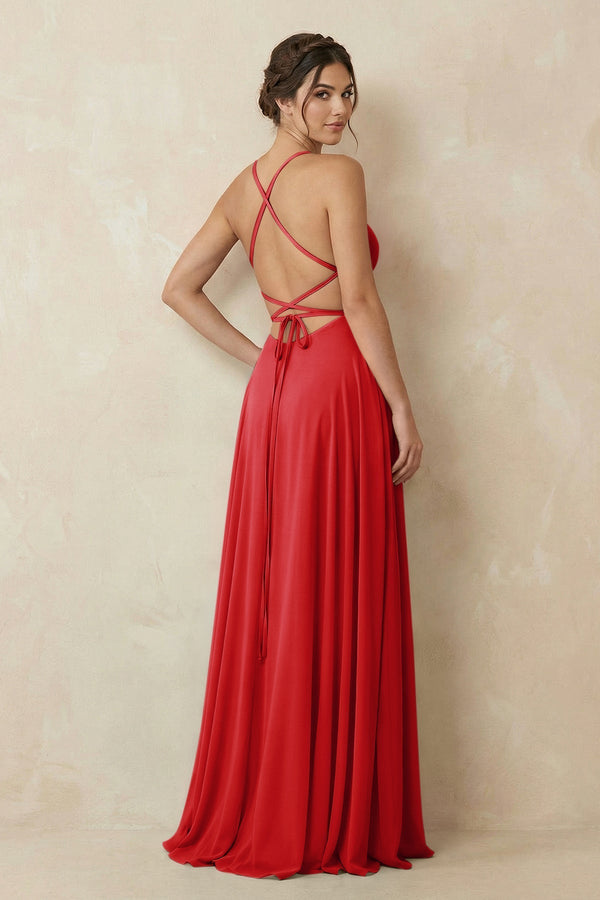 A - Line Chiffon Bridesmaid Dress With Slit in Ruby Red - KissProm Bridesmaid Dresses