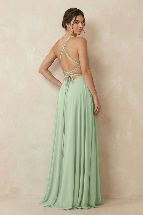 A - Line Chiffon Bridesmaid Dress With Slit in Sage - KissProm Bridesmaid Dresses