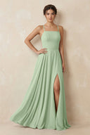 A - Line Chiffon Bridesmaid Dress With Slit in Sage - KissProm Bridesmaid Dresses