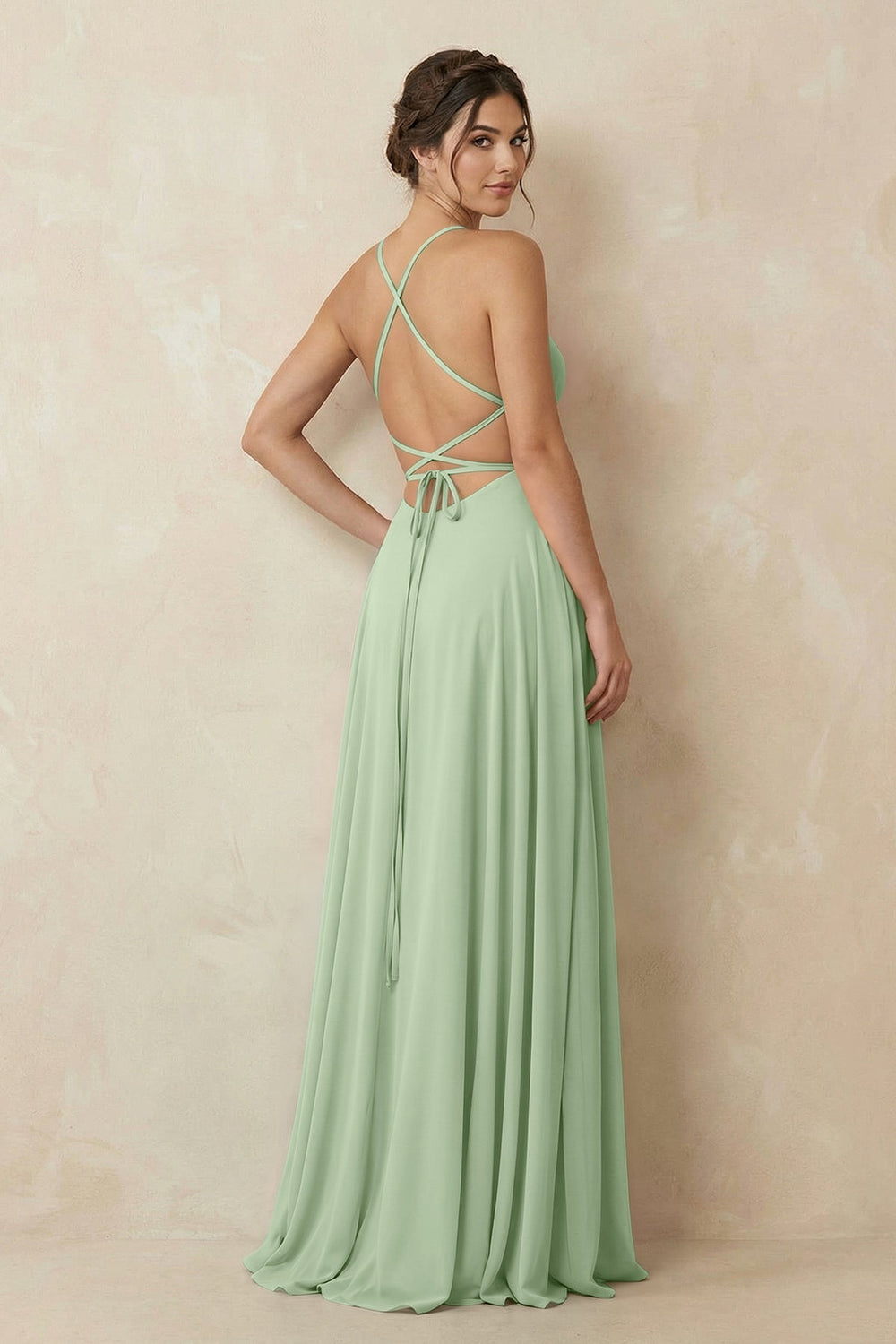 A - Line Chiffon Bridesmaid Dress With Slit in Sage - KissProm Bridesmaid Dresses