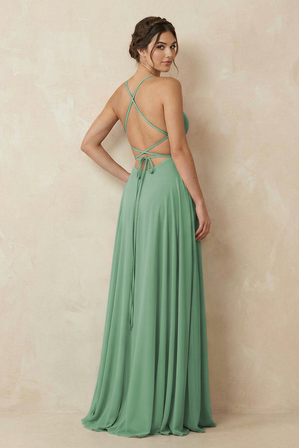 A - Line Chiffon Bridesmaid Dress With Slit in Sea Glass - KissProm Bridesmaid Dresses