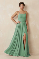 A - Line Chiffon Bridesmaid Dress With Slit in Sea Glass - KissProm Bridesmaid Dresses