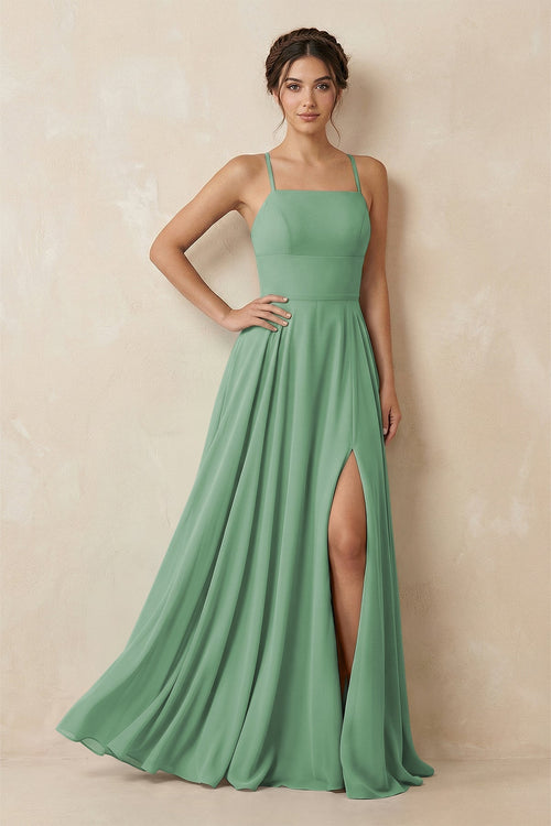A - Line Chiffon Bridesmaid Dress With Slit in Sea Glass - KissProm Bridesmaid Dresses