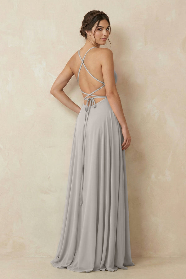 A - Line Chiffon Bridesmaid Dress With Slit in Silver - KissProm Bridesmaid Dresses