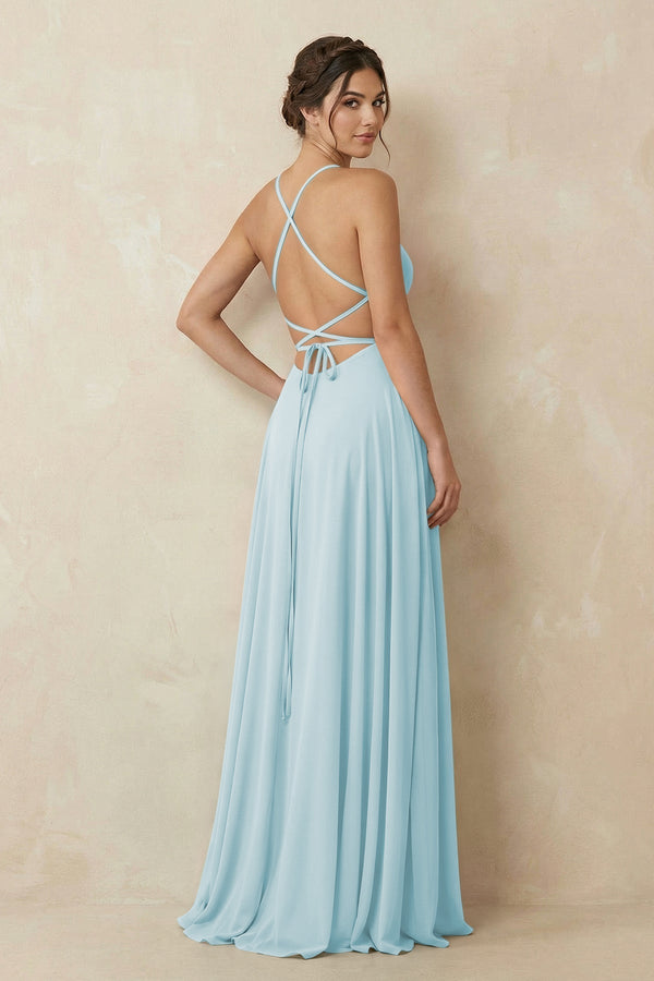 A - Line Chiffon Bridesmaid Dress With Slit in Sky Blue - KissProm Bridesmaid Dresses