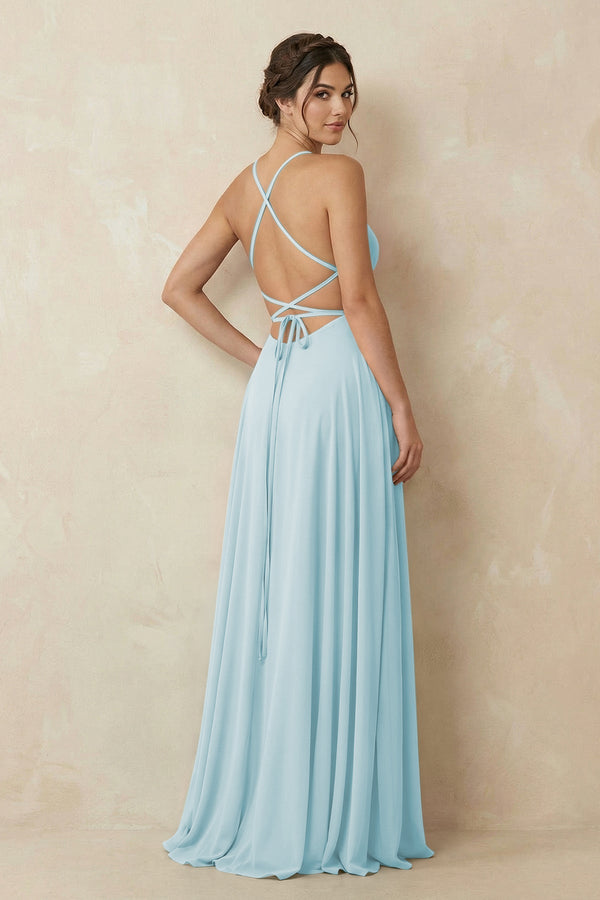 A - Line Chiffon Bridesmaid Dress With Slit in Sky Blue - KissProm Bridesmaid Dresses