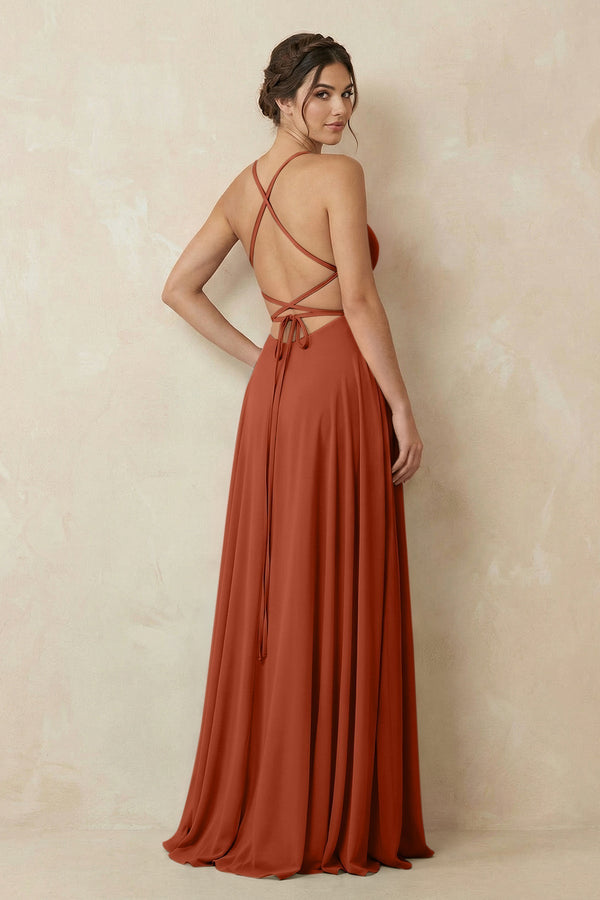 A - Line Chiffon Bridesmaid Dress With Slit in Spice - KissProm Bridesmaid Dresses