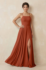 A - Line Chiffon Bridesmaid Dress With Slit in Spice - KissProm Bridesmaid Dresses