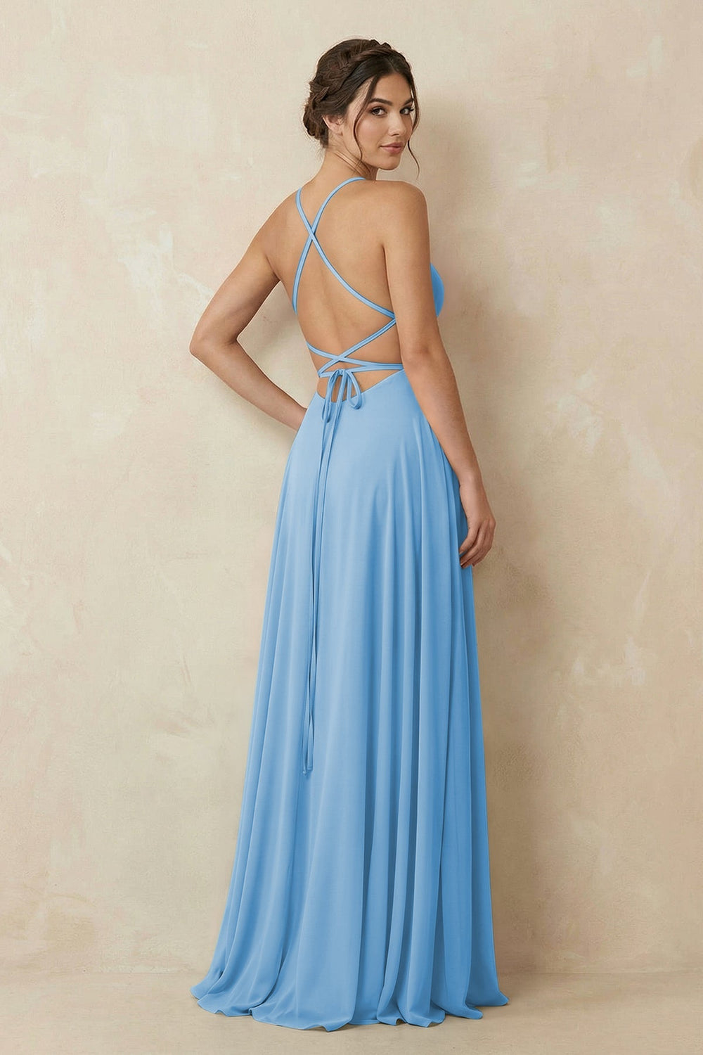 A - Line Chiffon Bridesmaid Dress With Slit in Steel Blue - KissProm Bridesmaid Dresses