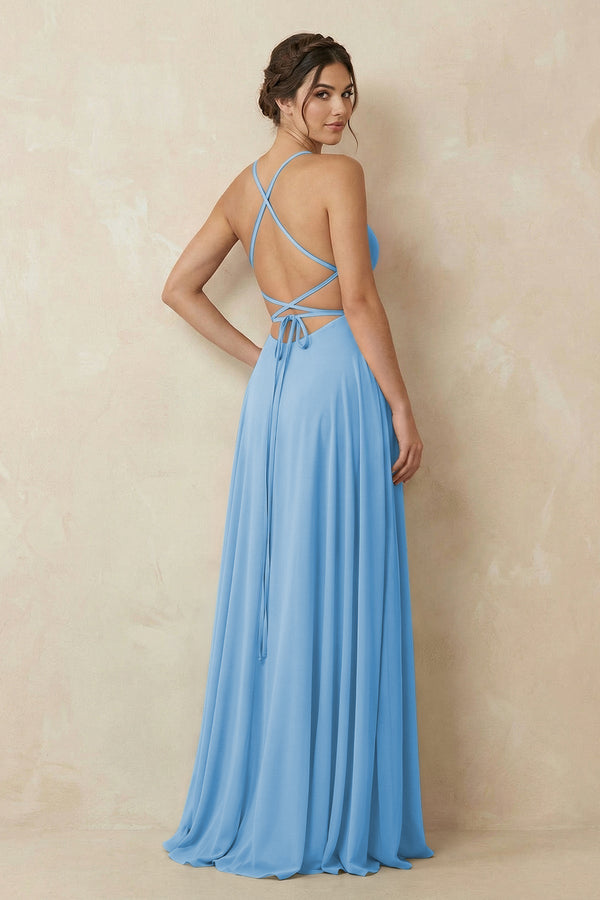 A - Line Chiffon Bridesmaid Dress With Slit in Steel Blue - KissProm Bridesmaid Dresses